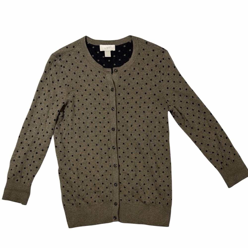 LOFT Olive Green Polka Dot Button Cardigan